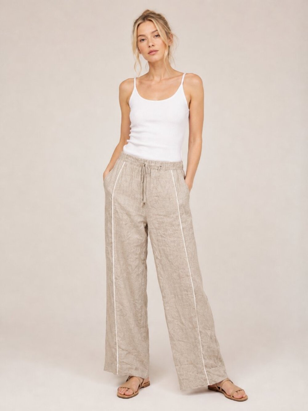 TAHARI Linen Wide-Leg Accented Piping Pullon Pant Mid Rise Small #A4230